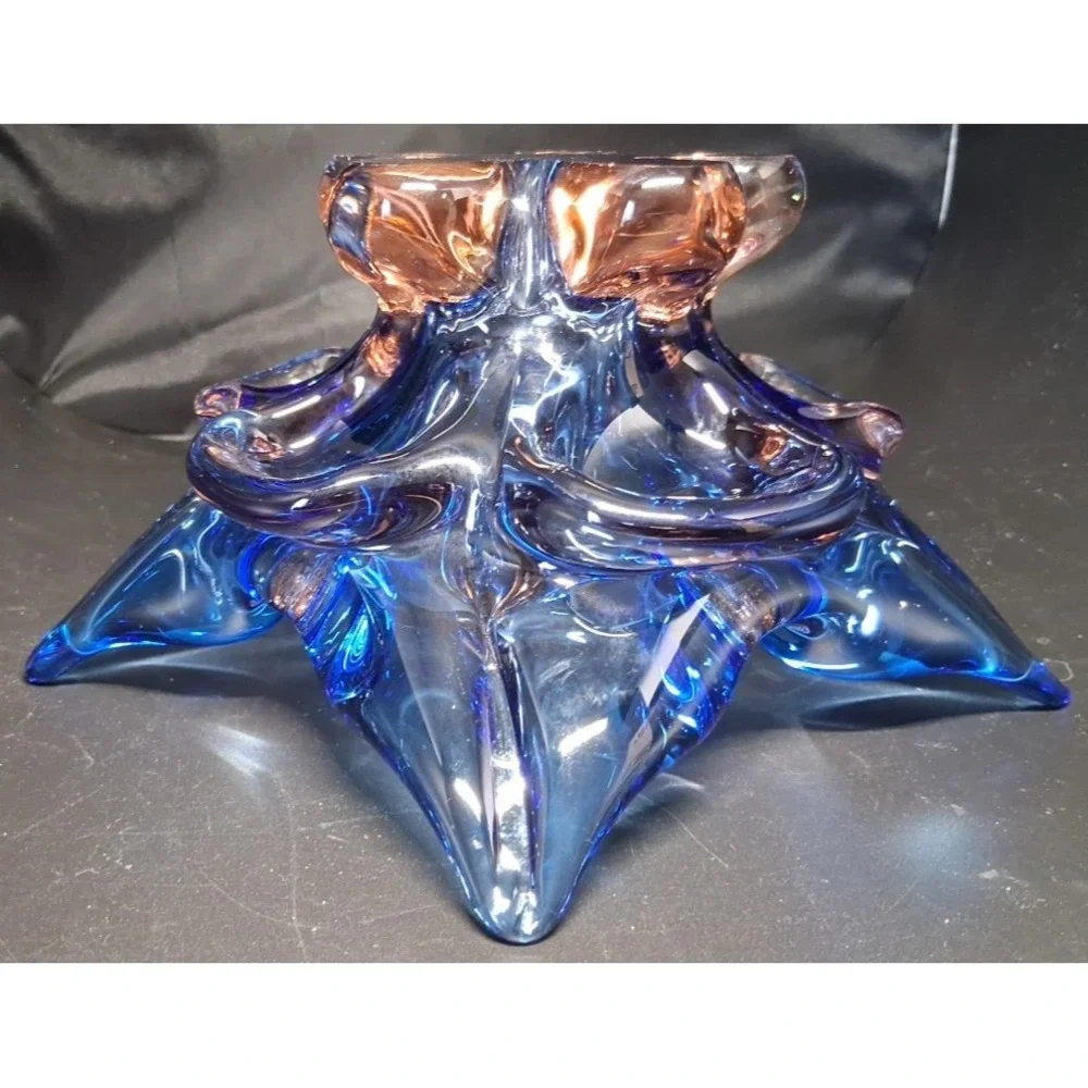 Vintage Murano Sommerso Art Glass Candle Holder, Blue, Clear with Pink Tint